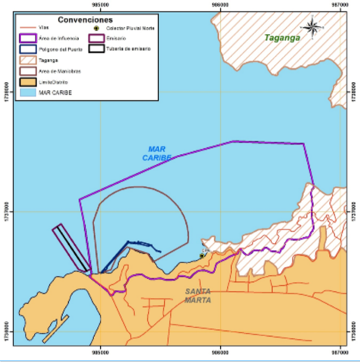Imágen de la localización del Proyecto Construcción y operación del Terminal Portuario de Gráneles Líquidos”, localizado en el Distrito Turístico, Cultural e Histórico de Santa Marta (Magdalena)
